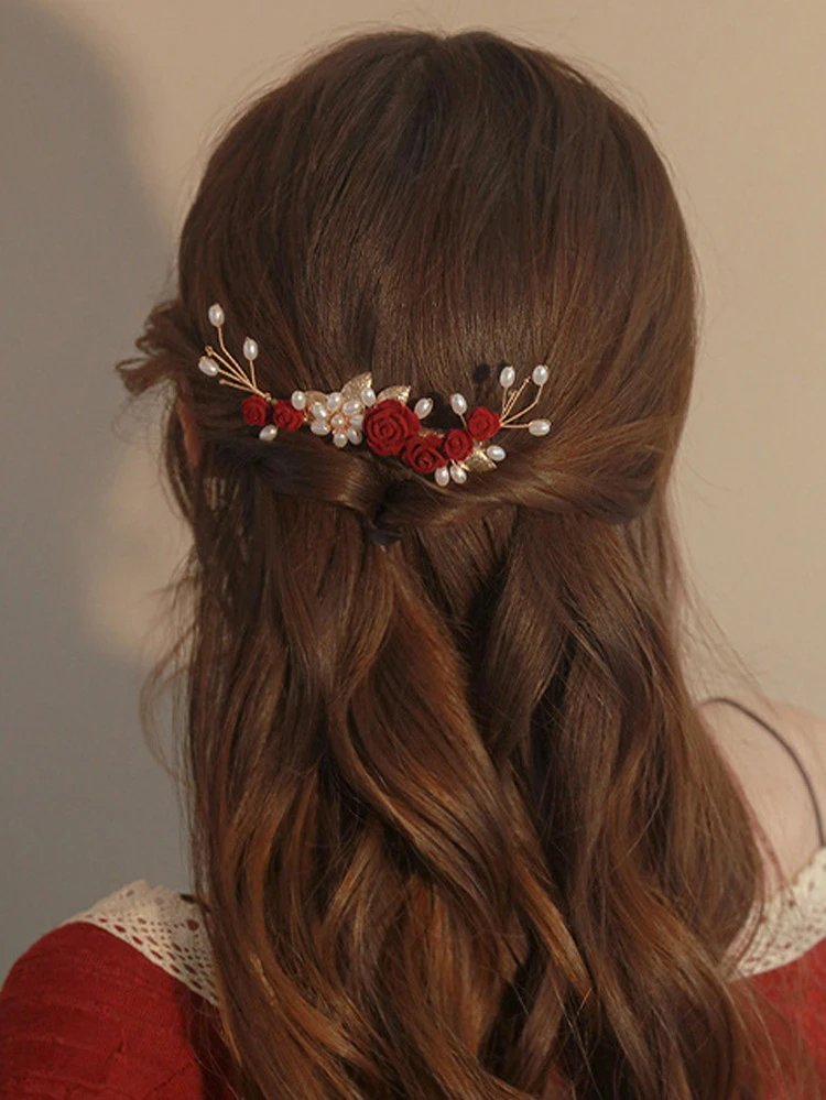 Red Rose Hair Clips Classical Cheongsam Wedding Accessories