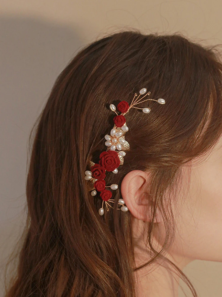 Red Rose Hair Clips Classical Cheongsam Wedding Accessories