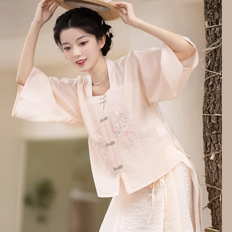 Summer Pink Hanfu Set Ming Short Ma Mian Skirt