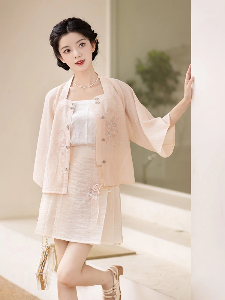 Summer Pink Hanfu Set Ming Short Ma Mian Skirt