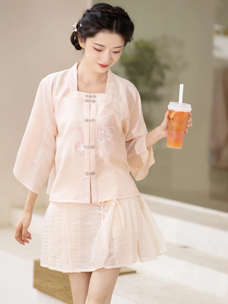 Summer Pink Hanfu Set Ming Short Ma Mian Skirt