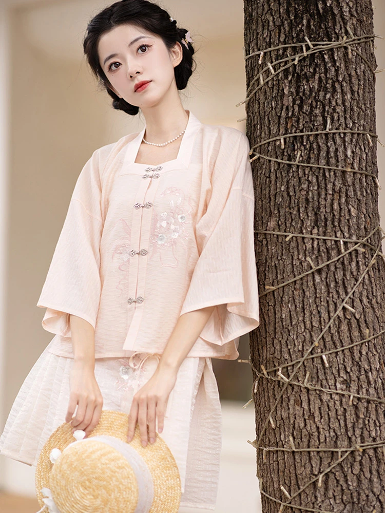 Summer Pink Hanfu Set Ming Short Ma Mian Skirt