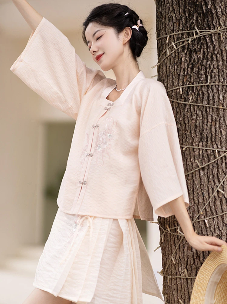 Summer Pink Hanfu Set Ming Short Ma Mian Skirt