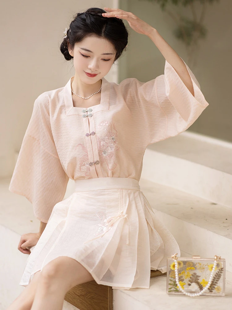 Summer Pink Hanfu Set Ming Short Ma Mian Skirt