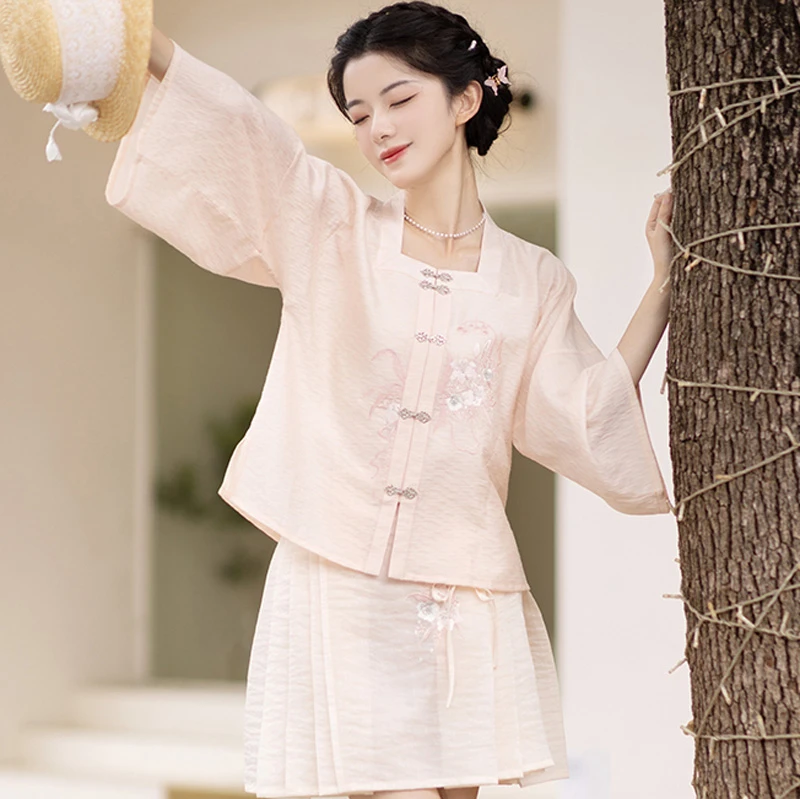 Summer-Pink-Hanfu-Set-Ming-Short-Ma-Mian-Skirt-2 Summer Pink Hanfu Set Ming Short Ma Mian Skirt