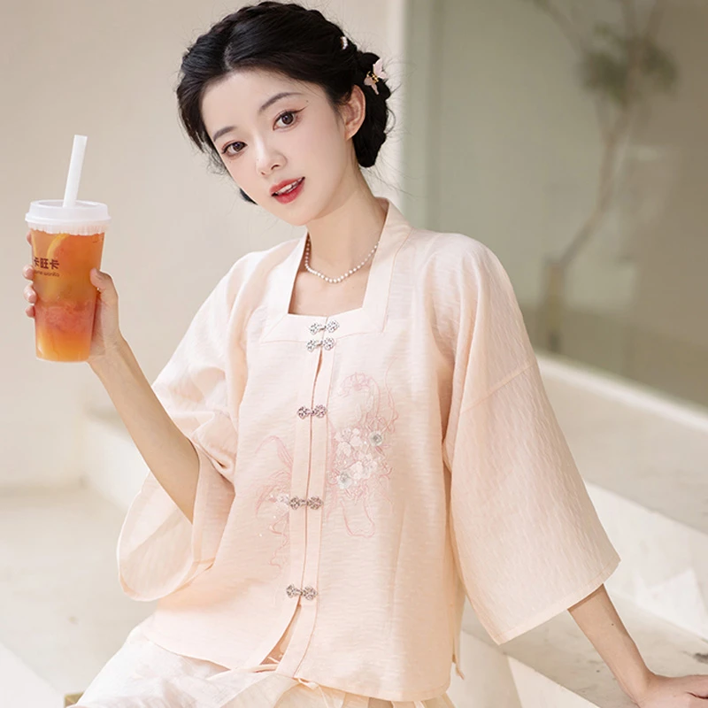 Summer-Pink-Hanfu-Set-Ming-Short-Ma-Mian-Skirt-3 Summer Pink Hanfu Set Ming Short Ma Mian Skirt