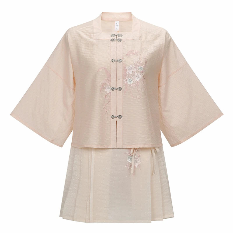 Summer-Pink-Hanfu-Set-Ming-Short-Ma-Mian-Skirt-4 Summer Pink Hanfu Set Ming Short Ma Mian Skirt
