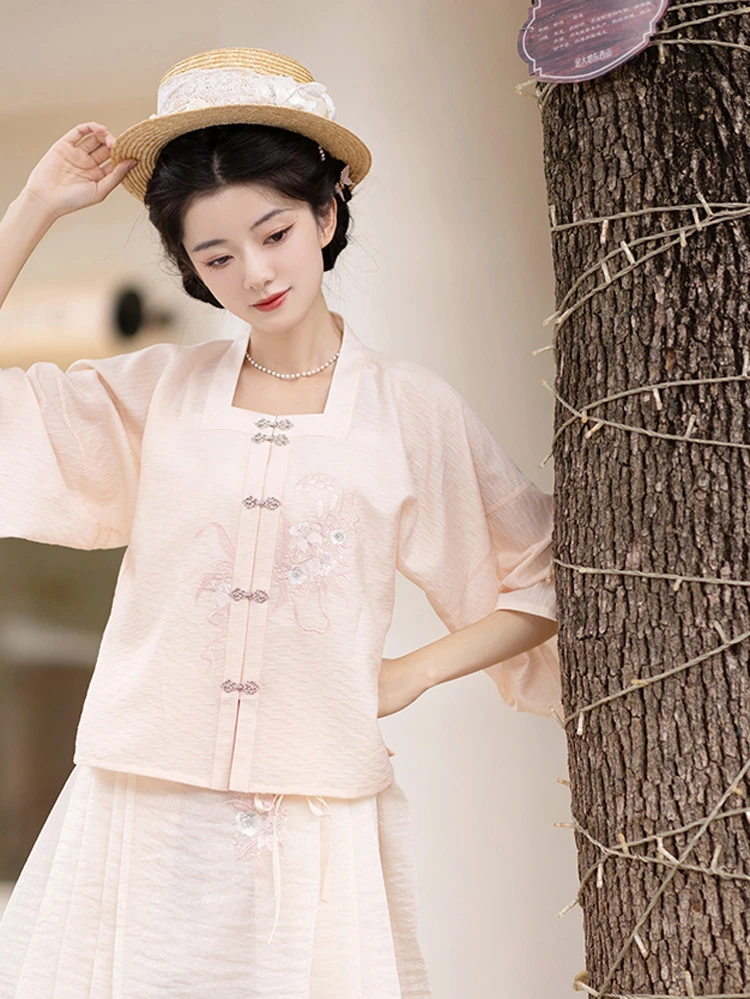 Summer Pink Hanfu Set Ming Short Ma Mian Skirt