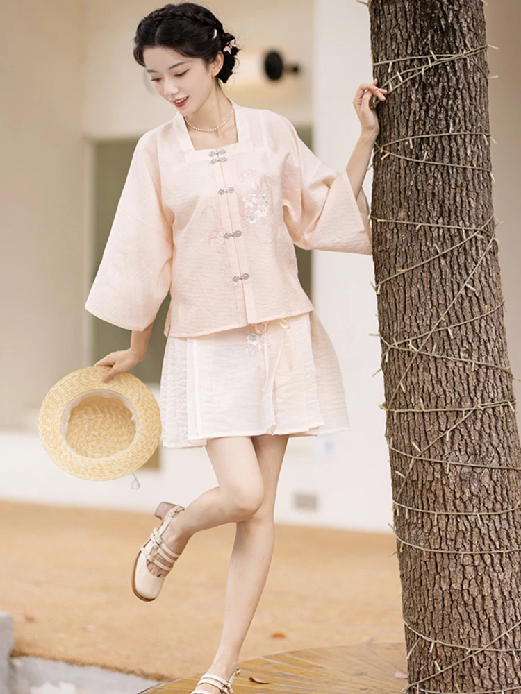 Summer Pink Hanfu Set Ming Short Ma Mian Skirt
