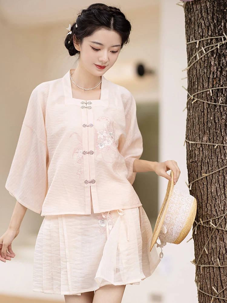 Summer Pink Hanfu Set Ming Short Ma Mian Skirt