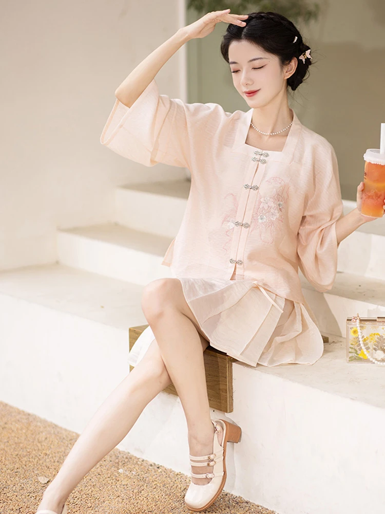 Summer Pink Hanfu Set Ming Short Ma Mian Skirt