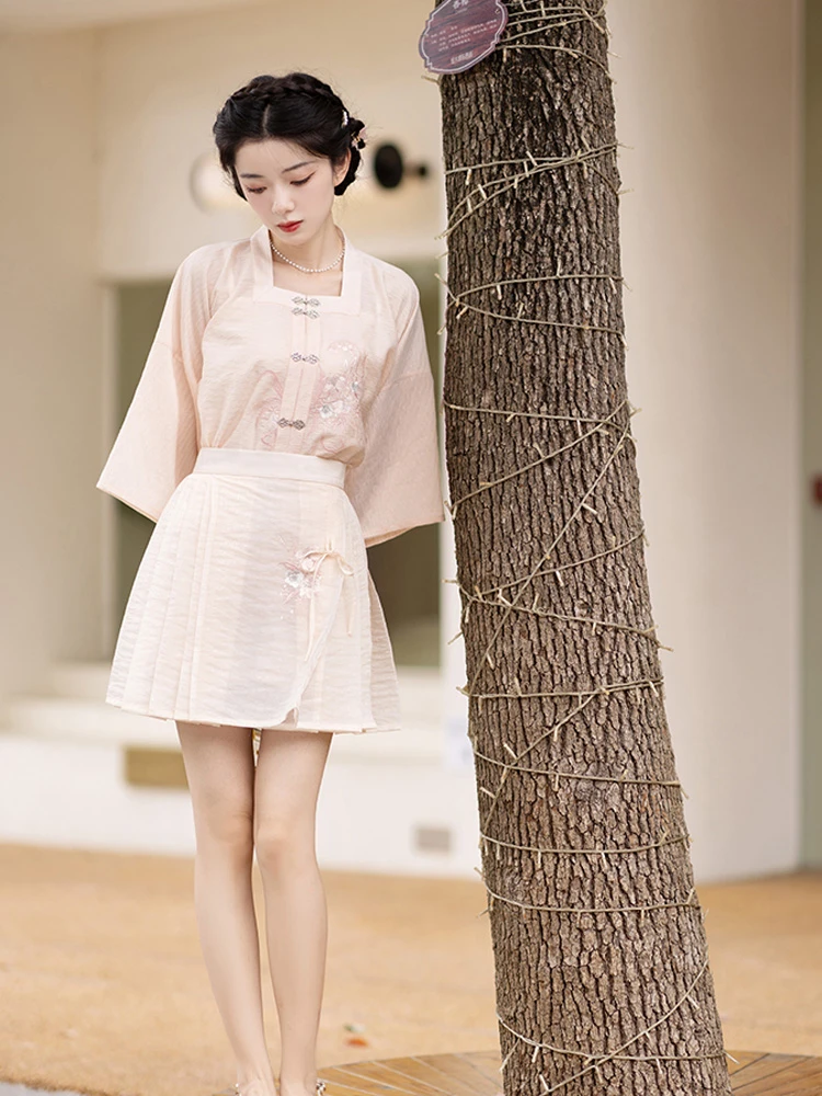 Summer Pink Hanfu Set Ming Short Ma Mian Skirt