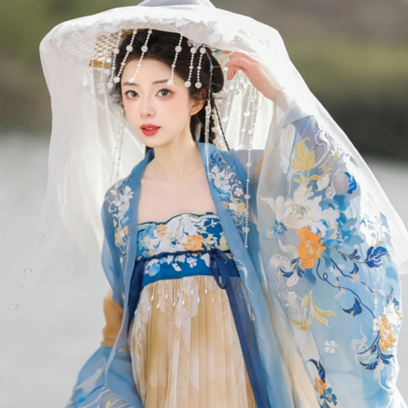 Tang-Women-Hanfu-Summer-Blue-Hezi-Dresses-1 Tang Women Hanfu Summer Blue Hezi Dresses