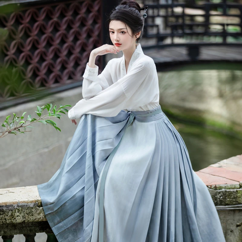 Women-Casual-Hanfu-Suit-Blue-Mamian-Skirt-Daily-Style-2 Women Casual Hanfu Suit Blue Mamian Skirt Daily Style