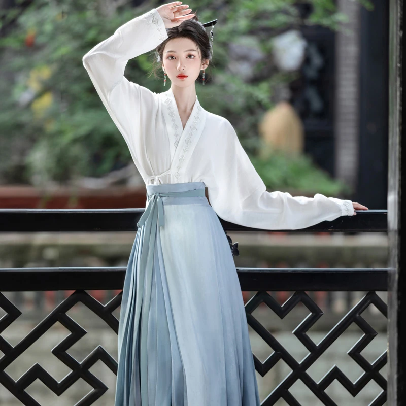 Women-Casual-Hanfu-Suit-Blue-Mamian-Skirt-Daily-Style-4 Women Casual Hanfu Suit Blue Mamian Skirt Daily Style