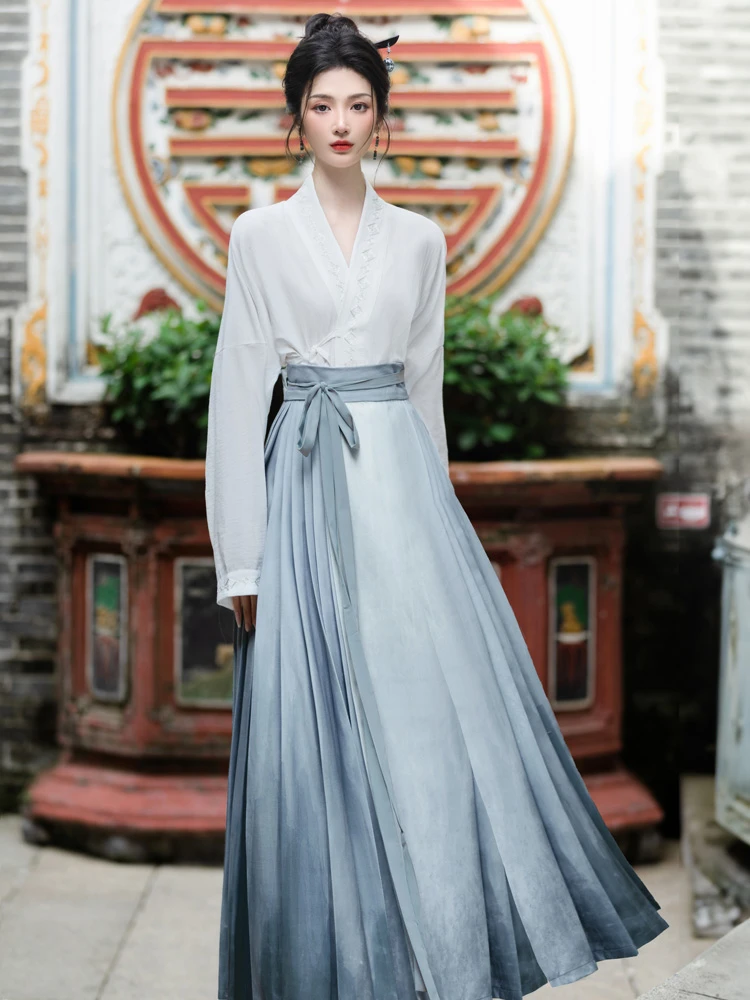 Women Casual Hanfu Suit Blue Mamian Skirt Daily Style