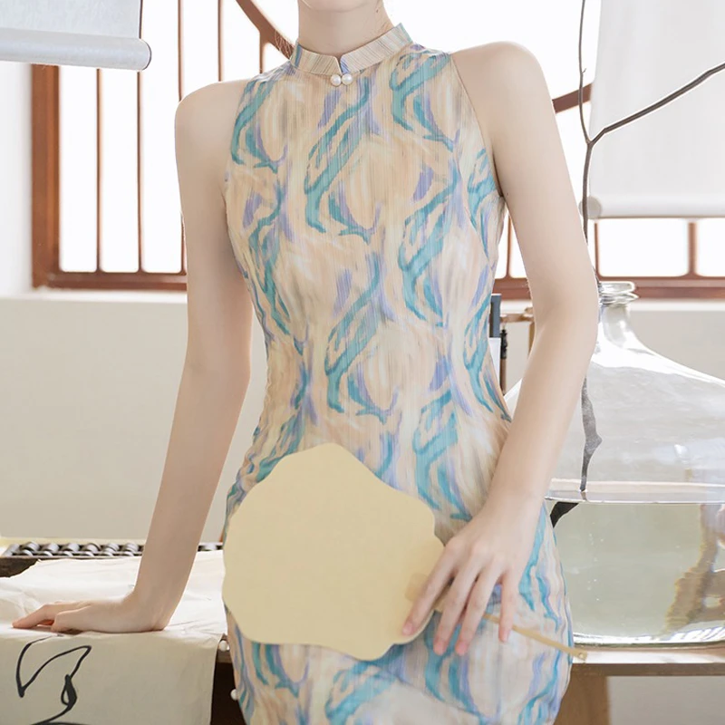 Girls-Fashion-Cheongsam-New-Chinoiserie-Sleeveless-Dress-Oil-Painting-Style-4 Girls Fashion Cheongsam New Chinoiserie Sleeveless Dress Oil Painting Style