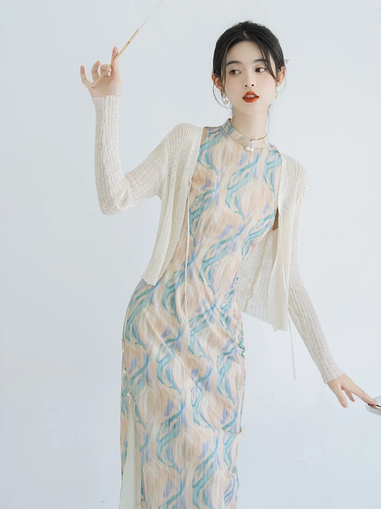 Girls Fashion Cheongsam New Chinoiserie Sleeveless Dress Oil Painting Style