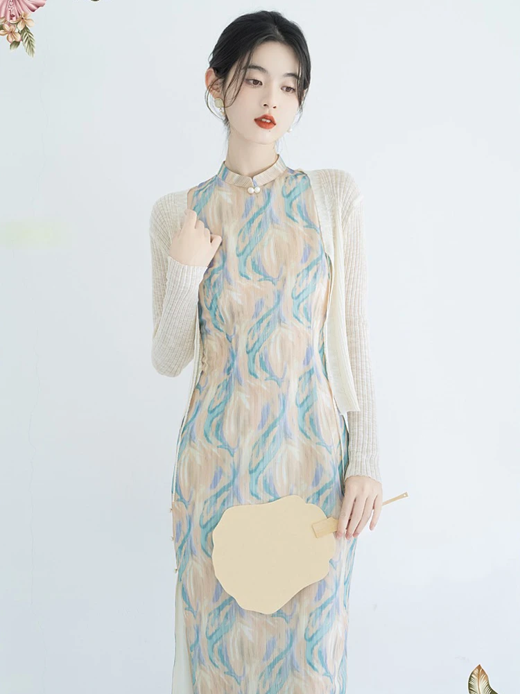 Girls Fashion Cheongsam New Chinoiserie Sleeveless Dress Oil Painting Style