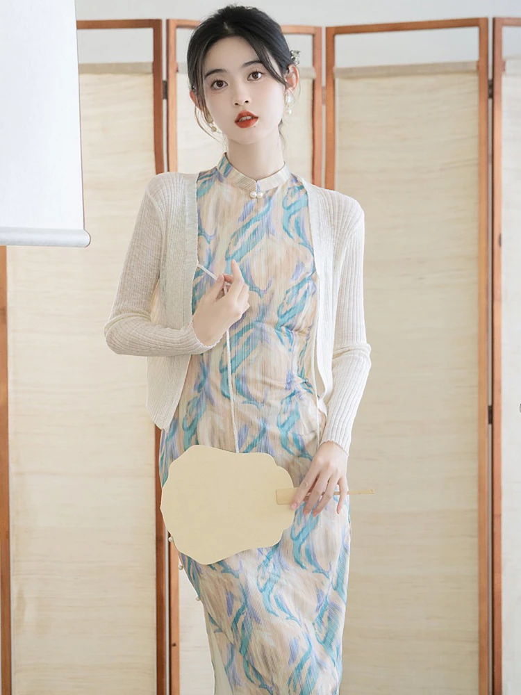 Girls Fashion Cheongsam New Chinoiserie Sleeveless Dress Oil Painting Style