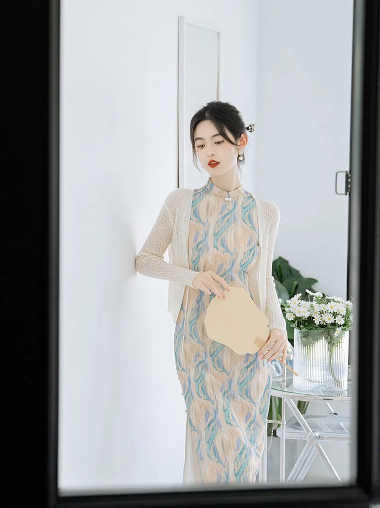 Girls Fashion Cheongsam New Chinoiserie Sleeveless Dress Oil Painting Style