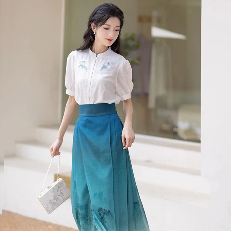 Summer-Women-Hanfu-Modern-Mamian-Skirt-Fresh-Styling-Shirt-1 Summer Women Hanfu Modern Mamian Skirt Fresh Styling Shirt