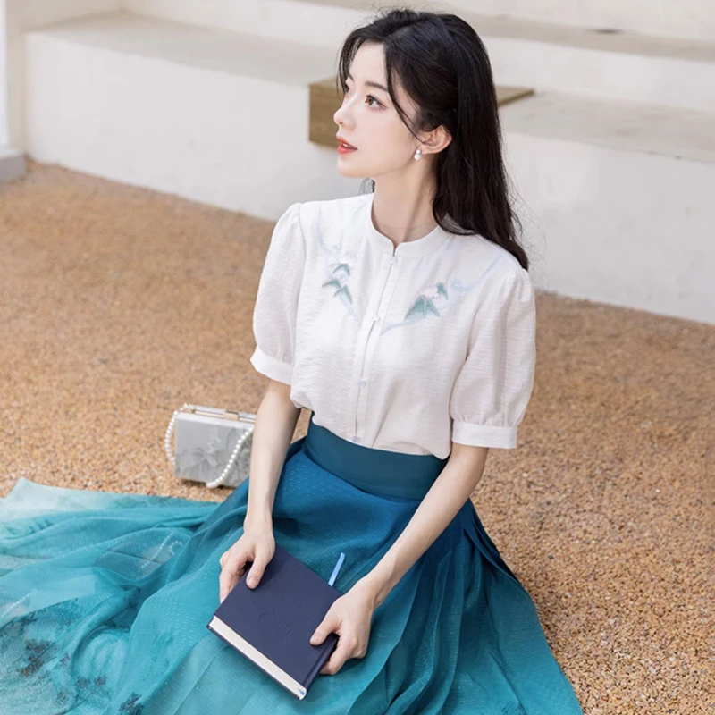 Summer-Women-Hanfu-Modern-Mamian-Skirt-Fresh-Styling-Shirt-3 Summer Women Hanfu Modern Mamian Skirt Fresh Styling Shirt