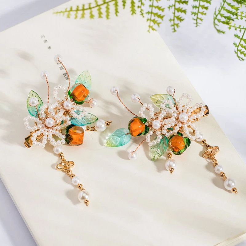Children-Hanfu-Hair-Accessories-Persimmon-Fairy-Pearl-Hair-Clips-2 Ladies Hairpin Classical Pink Flower Buyao Tassel Hair Pin Accessories