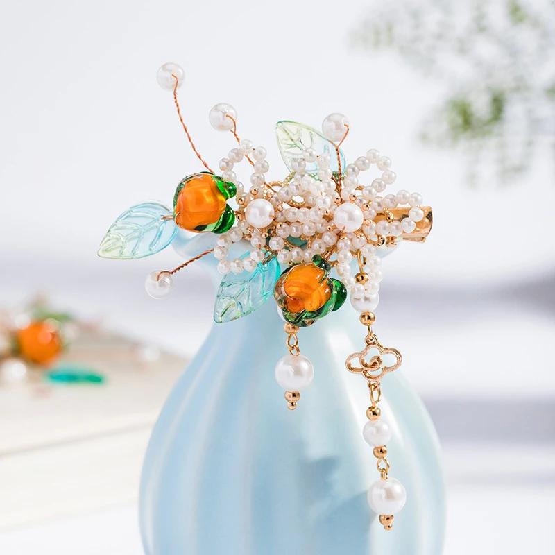 Children-Hanfu-Hair-Accessories-Persimmon-Fairy-Pearl-Hair-Clips-3 Ladies Hairpin Classical Pink Flower Buyao Tassel Hair Pin Accessories