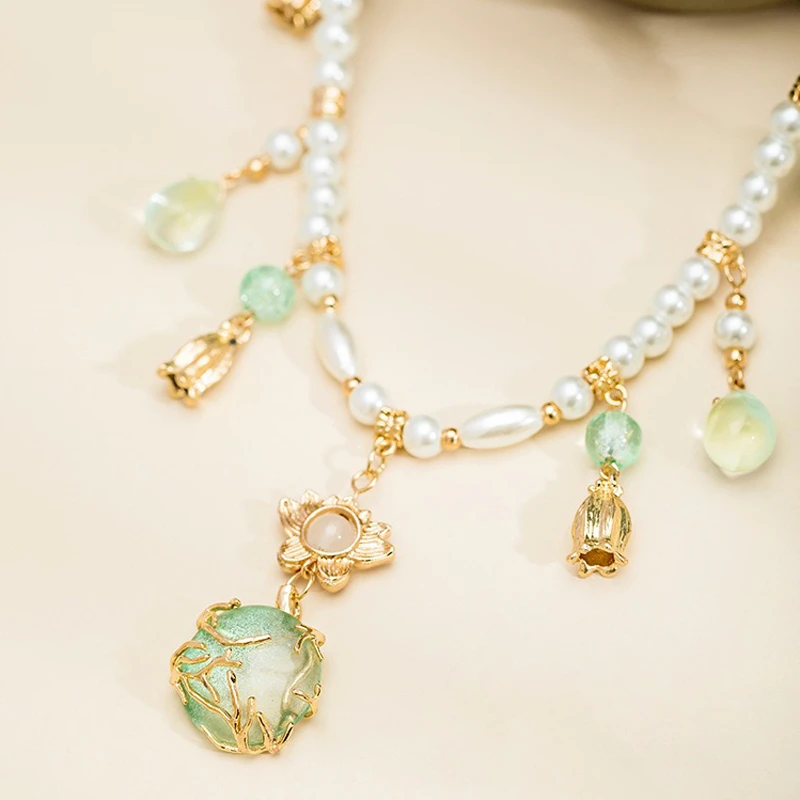 Hanfu Necklace Water Drops Green Women Pearl Ying Luo Accessories