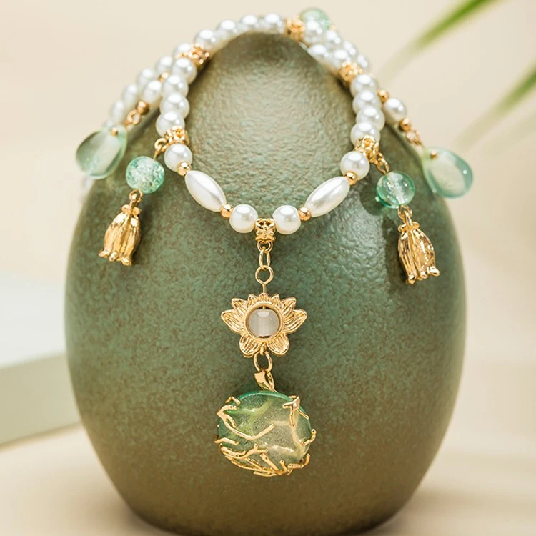 Hanfu Necklace Water Drops Green Women Pearl Ying Luo Accessories