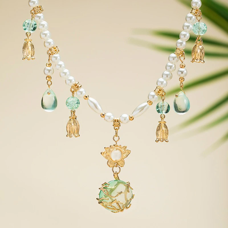 Hanfu-Necklace-Water-Drops-Green-Women-Pearl-Ying-Luo-Accessories-2 Hanfu Necklace Water Drops Green Women Pearl Ying Luo Accessories