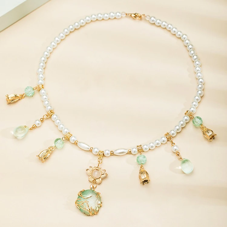 Hanfu Necklace Water Drops Green Women Pearl Ying Luo Accessories