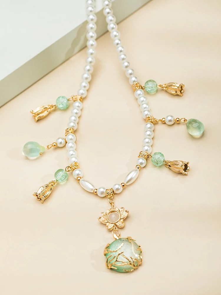 Hanfu Necklace Water Drops Green Women Pearl Ying Luo Accessories