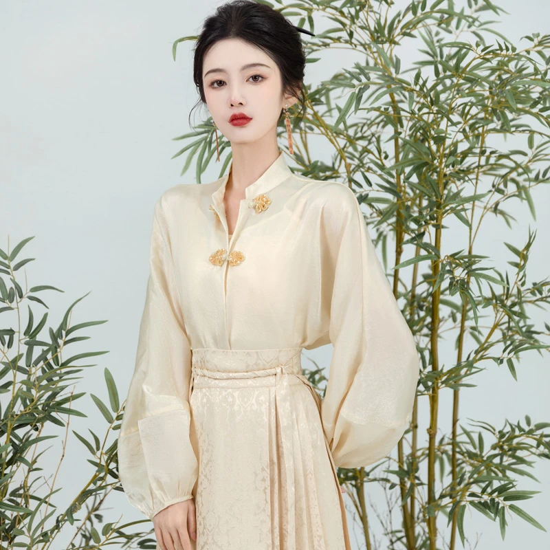 Ladies-Chinese-Shirt-Ming-Dynasty-Mamian-Skirt-Modern-Hanfu-Set-4 Ladies Chinese Shirt Ming Dynasty Mamian Skirt Modern Hanfu Set
