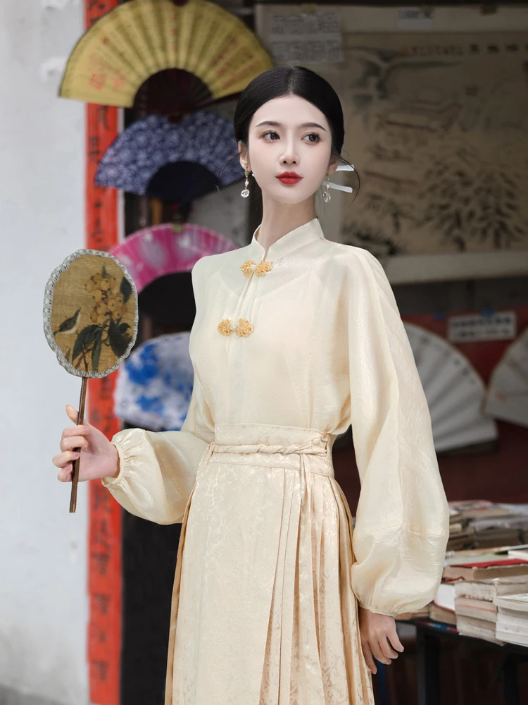 Ladies Chinese Shirt Ming Dynasty Mamian Skirt Modern Hanfu Set