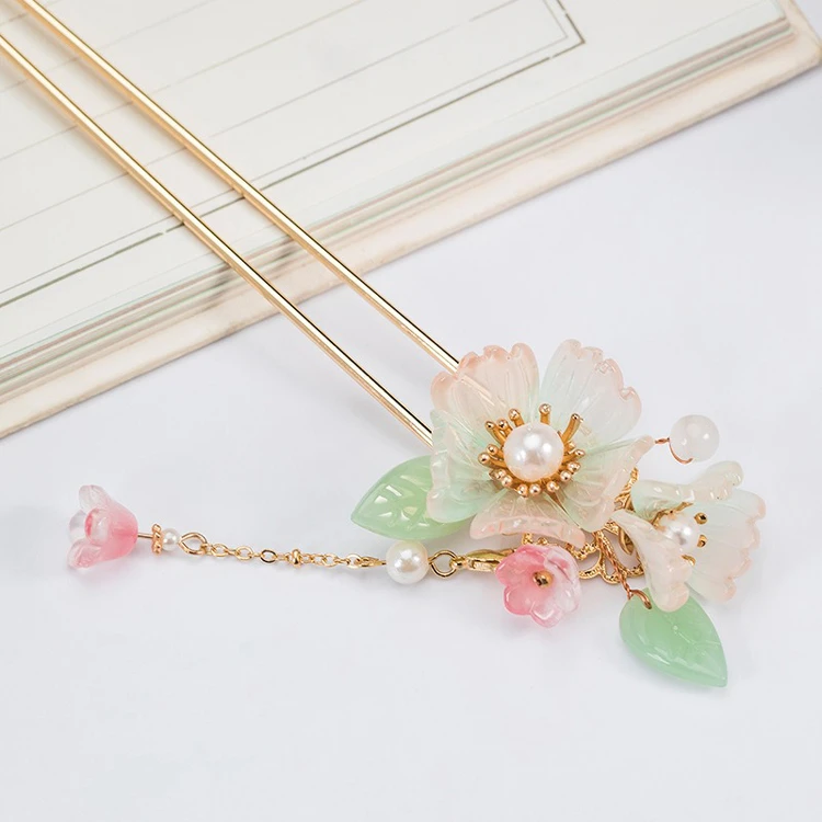 Ladies Hairpin Classical Pink Flower Buyao Tassel Hair Pin Accessories