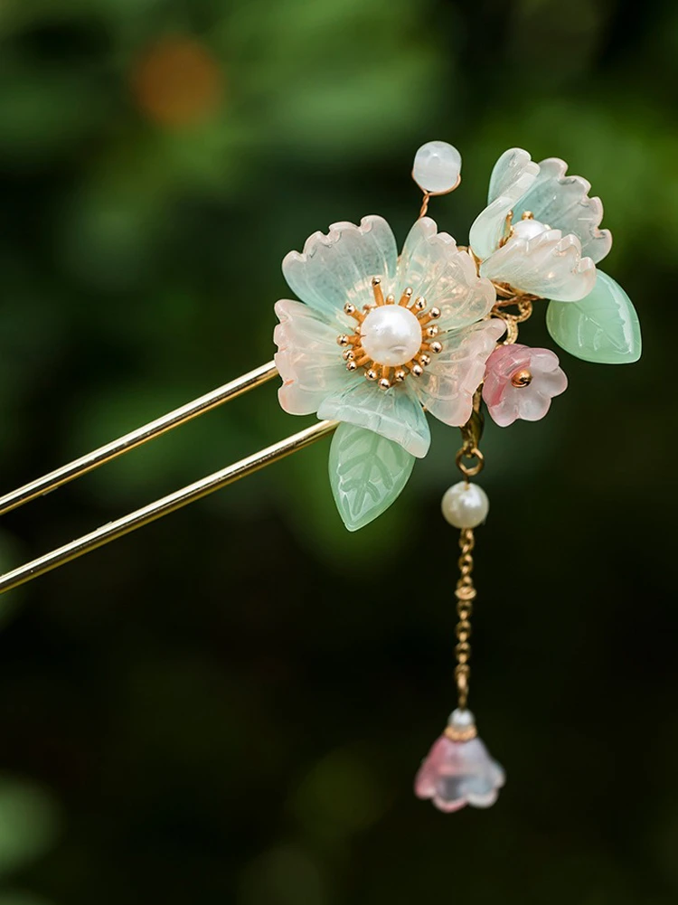 Ladies Hairpin Classical Pink Flower Buyao Tassel Hair Pin Accessories