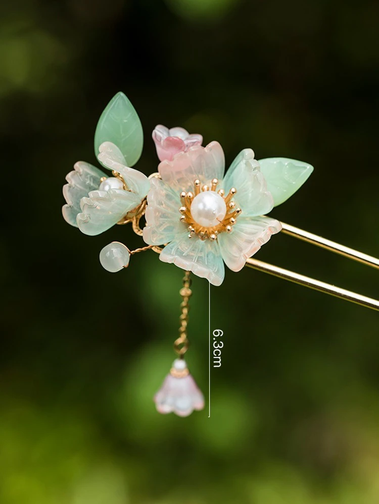Ladies Hairpin Classical Pink Flower Buyao Tassel Hair Pin Accessories