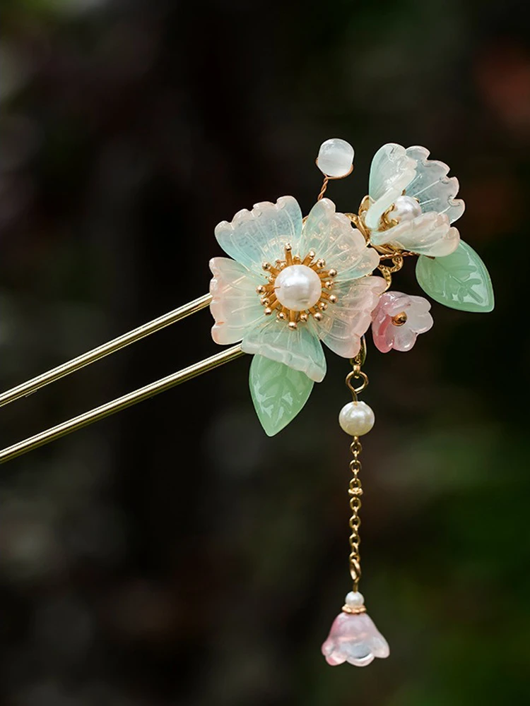 Ladies Hairpin Classical Pink Flower Buyao Tassel Hair Pin Accessories