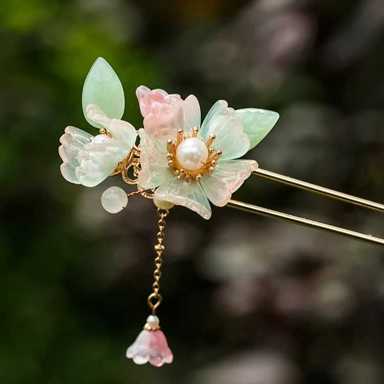 Ladies Hairpin Classical Pink Flower Buyao Tassel Hair Pin Accessories