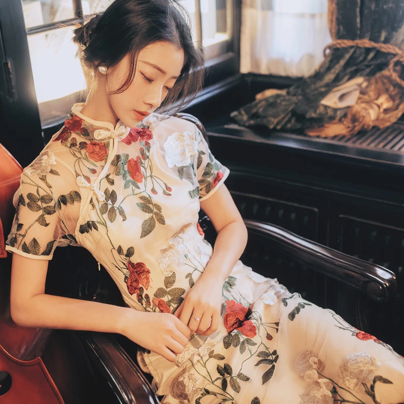 Spring Ladies Cheongsam Rose Embroidery Vintage Qipao Dress