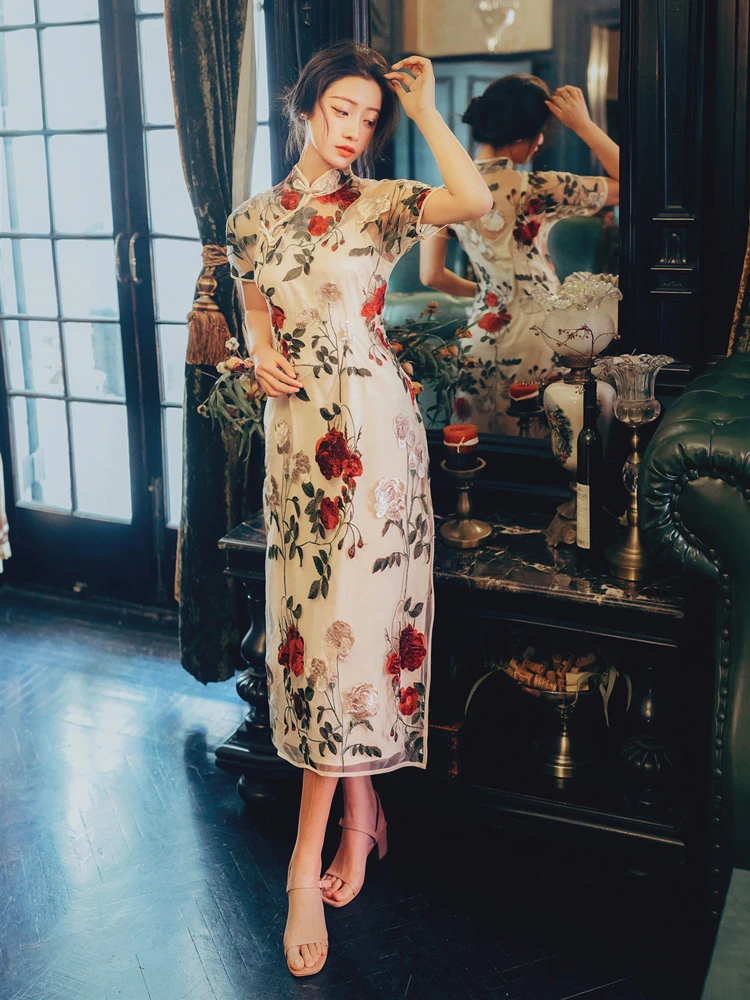 Spring Ladies Cheongsam Rose Embroidery Vintage Qipao Dress