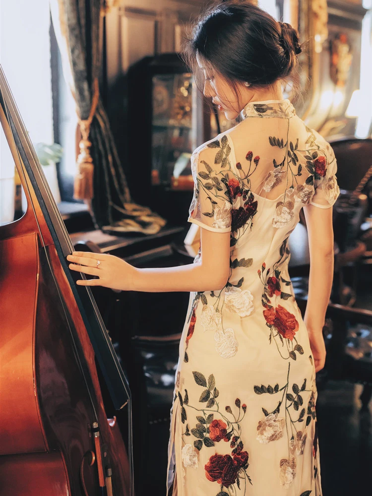 Spring Ladies Cheongsam Rose Embroidery Vintage Qipao Dress