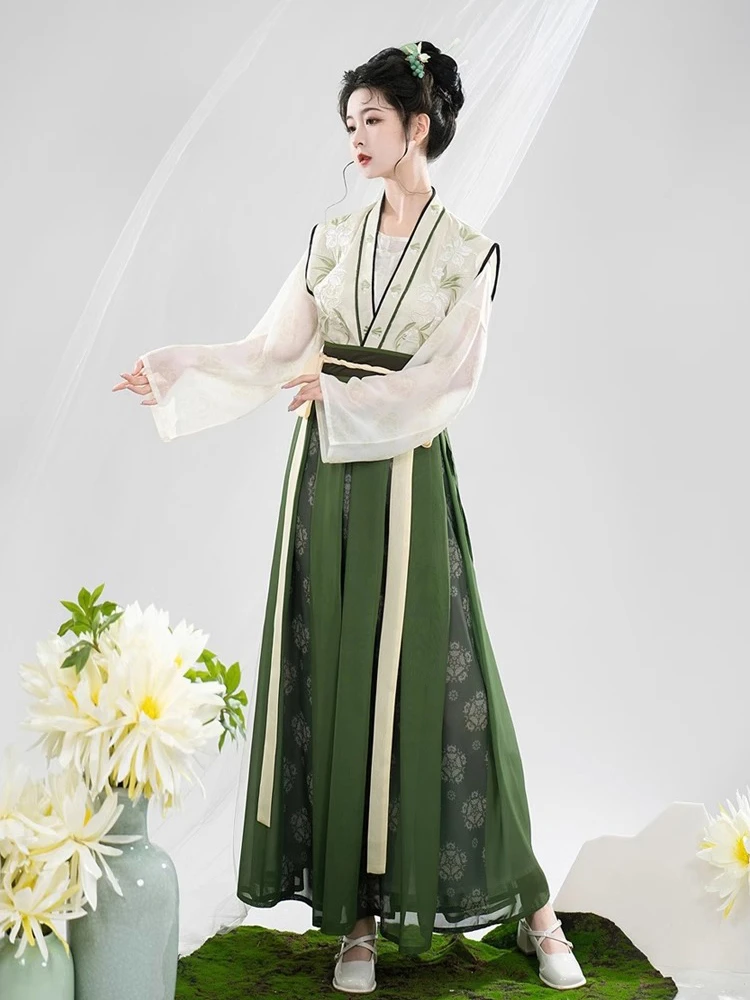 Tang Dynasty Hanfu Women's Qiyao Ruqun Set Daily Green Vintage Dress