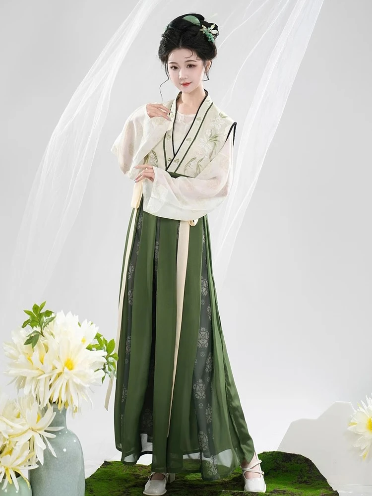 Tang Dynasty Hanfu Women's Qiyao Ruqun Set Daily Green Vintage Dress