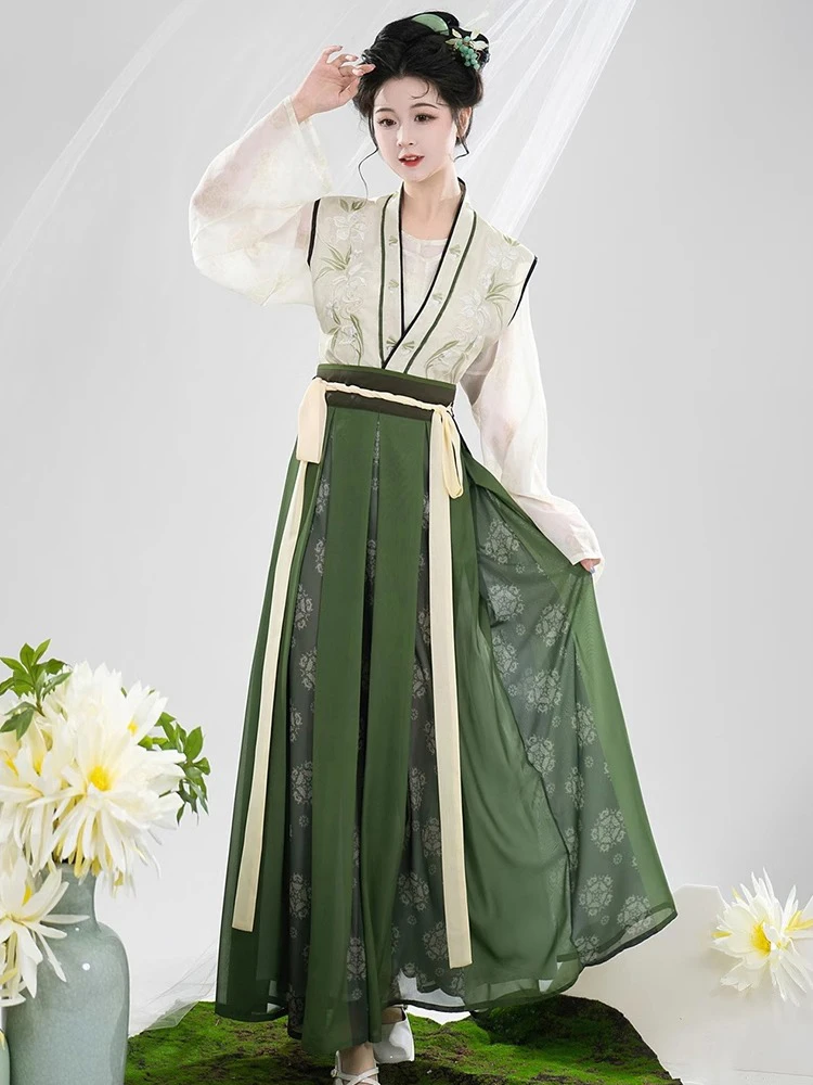 Tang Dynasty Hanfu Women's Qiyao Ruqun Set Daily Green Vintage Dress