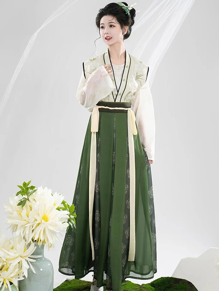 Tang Dynasty Hanfu Women's Qiyao Ruqun Set Daily Green Vintage Dress