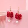 Girls Bow Earrings Hanfu Pearls Red Ear Clips 1 Bow Radiant