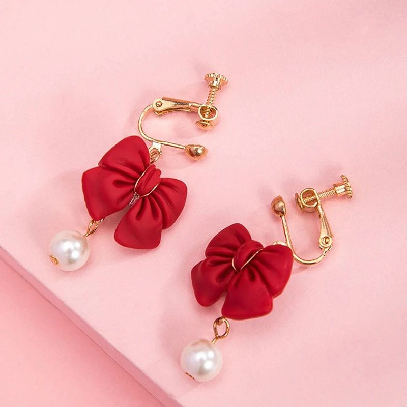 Girls-Bow-Earrings-Hanfu-Pearls-Red-Ear-Clips-2 Girls Bow Earrings Hanfu Pearls Red Ear Clips